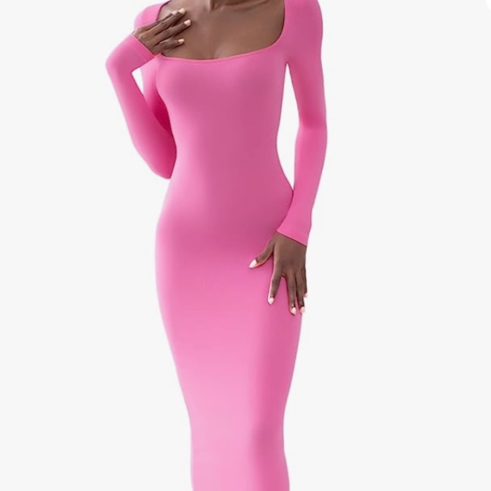 🆕XS BUBBLE GUM PINK SOFT LOUNGE LONG SLEEVE SQUARE NECK RIBBED SKIMS STYLE MAXI